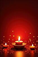 Glowing candles for Indian holiday Diwali Festival of lights on yellow background. Vertical poster. Ai generated photo