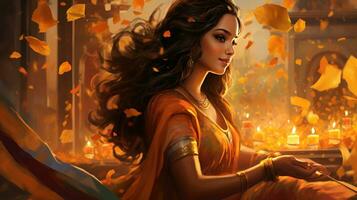 Festival of Lights. Diwali, Festival of Lights. Web banner design with candles and woman. Ai generated photo