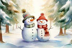 Watercolor postcard with happy couple of snowmen in a snowy forest. Cute Character. Ai generated photo