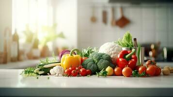 Modern white kitchen with fresh vegetables and greens on the table. Ai generated photo