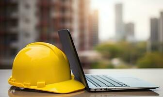 difícil sombrero y la seguridad equipo en escritorio con construcción planes creando utilizando generativo ai herramientas foto