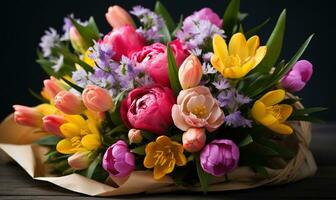 bouquet of multicolored tulips on grey background, in the style of bold color combinations photo