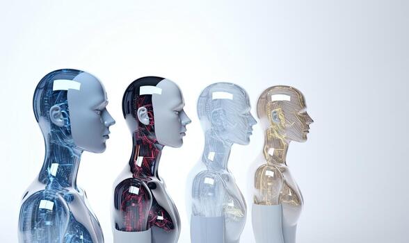 Female android with a human face and robotic body. Creating using generative AI tools photo