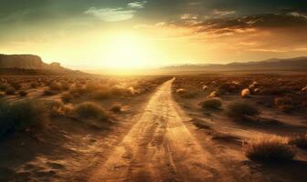 Breathtaking sunset colors paint the desert landscape with an endless road. Creating using generative AI tools photo