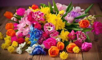 bouquet in multicolored flowers, in the style of bold colors photo