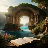 Immerse viewers in a captivating fantasy realm within the pages of an enchanted book through a meticulously detailed digital painting photo