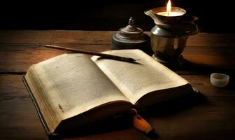 Weathered inkwell and candle on antique table with book Creating using generative AI tools photo