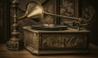 A nostalgic setting with a vintage gramophone resting on a wooden table. Creating using generative AI tools photo