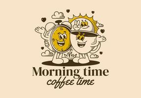 Morning time, coffee time. Mascot character of coffee cup, alarm clock and a sun vector