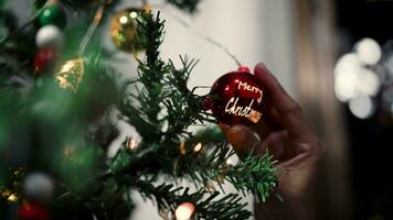 Frau Sitzung halten rot runden Ball auf Weihnachten Baum video