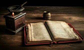 Inkwell and old book displayed on rustic table Creating using generative AI tools photo