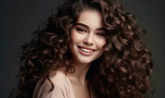 Beautiful brunette girl with cascading locks laughing heartily. Creating using generative AI tools photo