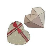 Vector illustration set of nice beige heart boxes with dots and redbeige ribbon and bow and diamond structure. Image for postcard or sweets or gift box for New Year or Christmas