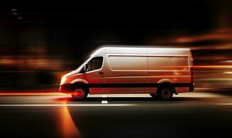 Speedy delivery van with glowing lights heading to destination. Creating using generative AI tools photo