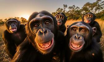 Delight in the adorable charm of a chimpanzee through a captivating selfie. Creating using generative AI tools photo