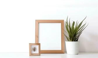 Simple and chic empty wooden photo frame and plant on white table Creating using generative AI tools