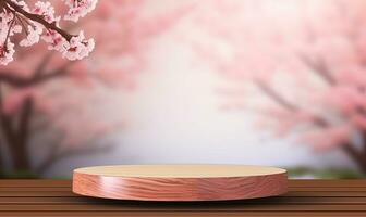 The natural beauty of the wooden table top added a touch of elegance to the product display showcase. Creating using generative AI tools photo