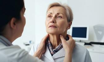 Physician uses palpation technique to assess neck of middle-aged female patient. Creating using generative AI tools photo