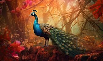 The magical beauty of a colorful peacock in a dreamy fantasy land. Creating using generative AI tools photo