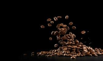 Brown roasted coffee beans falling on pile. Technology concept. Creating using generative AI tools photo