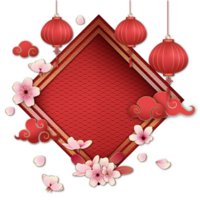 Chinese Ethnic Border Frame Ornament with Peach Blossom Flower and Red Lantern png