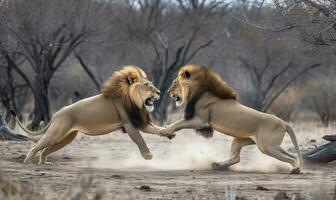 Two lions engage in a fierce fight Creating using generative AI tools photo