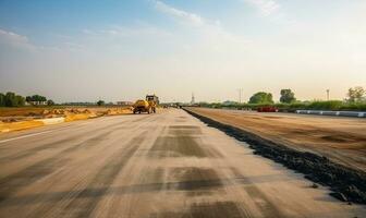 Construction workers using shovels to level new asphalt on road. Creating using generative AI tools photo