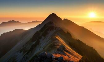 sunrise over clouds of high mountains in a mountain landscape photo