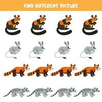 encontrar diferente asiático animal en cada fila. lógico juego para preescolar niños. vector