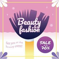 Beauty and fashion square social media template post for sale event up to 70 percent with brush vector illustration decoration. Pink, white, yellow, and purple dominated colored design.