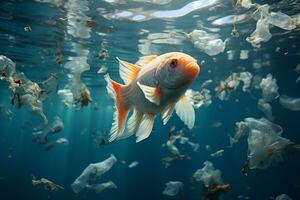 Fish swimming in the sea among plastic waste, ai generative photo