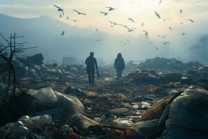 personas caminando mediante un bosque contaminado con basura, ai generativo foto