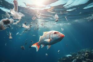 el habitat de pescado contaminado por el plastico desperdiciar, ai generativo foto