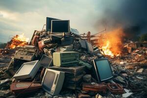 Landfill overflowing with discarded electronics and plastics, ai generative photo