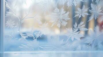 ai generative Winter frost on glass with small decorations on or behind the window photo