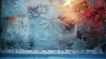 ai generative Winter frost on glass with small decorations on or behind the window photo