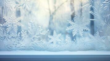 ai generativo invierno escarcha en vaso con pequeño decoraciones en o detrás el ventana foto