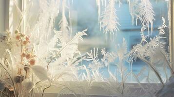 ai generative Winter frost on glass with small decorations on or behind the window photo