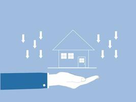 Businessman's hand and house illustration with downward arrows. vector illustration.