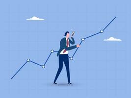 Businessman analyst using magnifying glass look in details on market data rising graph. Stock market data analysis, financial research professional or investment and economic forecast concept. vector