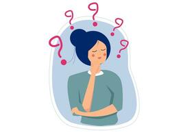 woman thinking with question mark doubts his choice about Creativity,Problem solving thoughtful pose concept design illustration. vector