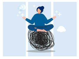 manejo del estrés, meditación o relajación para reducir la ansiedad, controlar la emoción durante la resolución de problemas o el concepto de trabajo de frustración, mujer en meditación de loto sobre el desorden del caos con energía positiva. vector