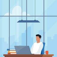 Man working in office, sitting at desk with laptop. Workplace with modern interior, panoramic windows, cityscape behind. Everyday routine company life. Vector illustration.