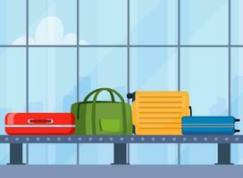 Airport conveyor belt with luggage. Carousel system with travel suitcases and bags with stickers. Cartoon baggage claim area. Vector illustration.