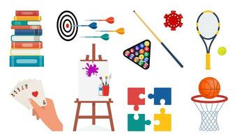 Items for various hobbies and creativity. Equipment for sports, art, games. Ways of spending time. Billiard, tennis, basketball, playing cards, reading, darts, puzzles, drawing. Vector illustration.