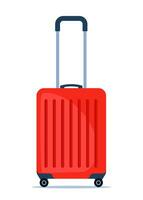 Red wheeled travel bag with hand. Plastic travel suitcase. Vector illustration.