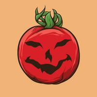 Víspera de Todos los Santos Tomates conjunto con de miedo caras y verde hojas vector