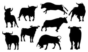 Collection of bull silhouettes in various poses isolated on white background vector