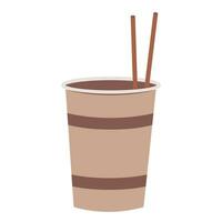 Isolated coffee cup paper container take away with drinking straw in cartoon style with empty sticker. mock up vector