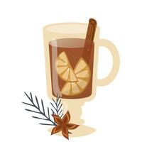 Christmas hot tea with lemon, cinnamon and star anise Winter hot drink and fir twig vector